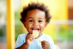 ai generato africano bambino sorridente e mangiare un' piatto pieno di cibo. generativo ai foto