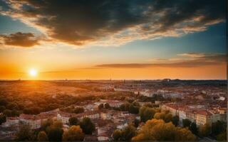 ai generato un' bellissimo tramonto al di sopra di il oceano con onde foto