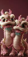 ai generato Due adorabile Cinese Drago bambini, festeggiare il Cinese nuovo anno Festival, con rosa bilancia e contento espressioni, 3d design. foto