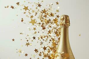 ai generato Champagne bottiglia con coriandoli stelle e festa filanti su un' festivo sfondo. Natale, compleanno o nozze concetto. foto