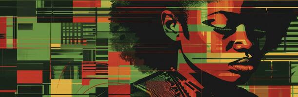 ai generato africano Messaggio celebra nero storia mese, con mezzo secolo illustrazione, colorato patchwork, grafica audace, buio nero e Smeraldo, manifesto accattivante. foto