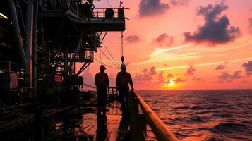 ai generato industriale lavoratori nel il olio tubo stazione a mare foto