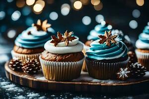 ai generato cupcakes con blu glassa e i fiocchi di neve su un' di legno vassoio foto