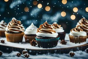 ai generato Natale cupcakes su un' di legno vassoio foto