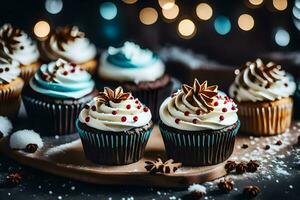 ai generato Natale cupcakes su un' piatto foto