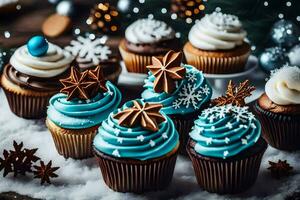ai generato Natale cupcakes con blu glassa e i fiocchi di neve foto