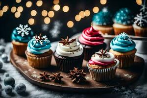 ai generato Natale cupcakes su un' piatto foto