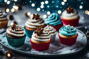 ai generato Natale cupcakes su un' piatto foto