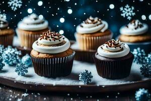 ai generato cupcakes su un' di legno vassoio con i fiocchi di neve foto