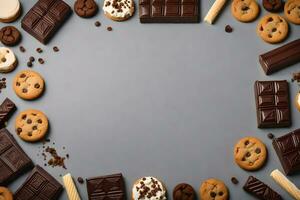 ai generato vario cioccolato e biscotti disposte nel un' cerchio foto