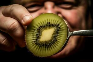 ai generato riconoscente uomo mangiare fresco Kiwi con cucchiaio. creare ai foto