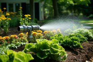 ai generato che fa risparmiare tempo automatico giardino irrigazione sistema tramonto. creare ai foto