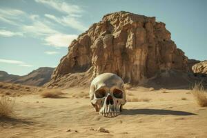 ai generato Esposto alle intemperie umano cranio nel deserto. creare ai foto