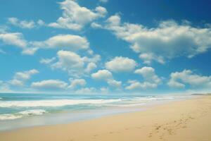 ai generato espansivo oceano spiaggia blu cielo giorno. creare ai foto