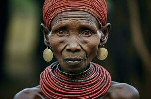 ai generato duraturo lungo collo anziano tribale donna. creare ai foto