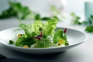 ai generato appena verdura insalata minimalista ceramica piatto. creare ai foto