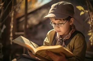 ai generato giovane ragazzo con bicchieri lettura libro all'aperto. creare ai foto