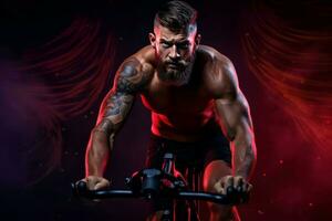 ai generato focalizzata uomo formazione fitness bicicletta. creare ai foto