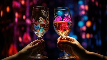 ai generato romantico vino crostini Due bicchieri tintinnante in mezzo Rose e neon luci foto