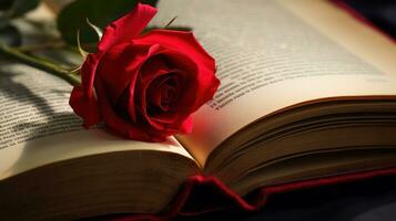 ai generato rosso rosa su Aperto libro romantico avvicinamento Visualizza foto