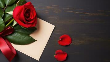 ai generato rosso Rose e invito carta romantico avvicinamento foto