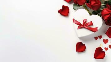 ai generato romantico cuore regalo scatola e Rose con rosso nastro - superiore Visualizza foto