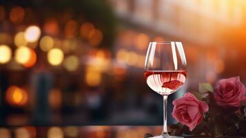 ai generato romantico vino bicchiere e Rose mazzo su sfocatura edificio sfondo foto
