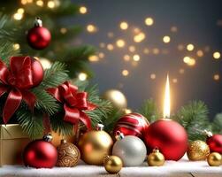 ai generato festivo eleganza Natale albero e ornamentale sfondo foto
