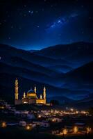 ai generato celeste la tranquillità di islamico moschea grazia sotto notte cielo foto