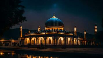 ai generato silenzioso costellazioni moschea eleganza nel illuminato dalla luna notte foto