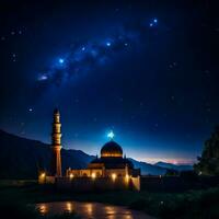 ai generato galattico grazia di islamico moschea illuminato di sera stelle foto