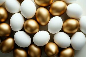ai generato minimalista eleganza bianca e oro Pasqua uova, piatto posare foto
