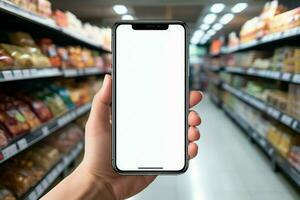 ai generato supermercato interazione mobile Telefono a merce scaffali, vuoto schermo modello foto