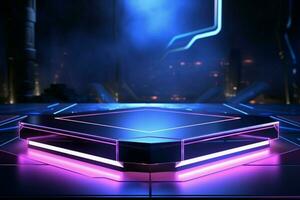 ai generato futuristico splendore metallico podio illuminato di neon luci per Tech foto