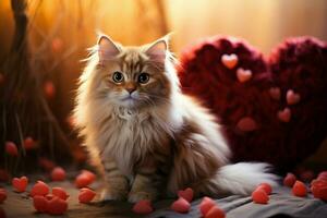 ai generato pawsitively adorabile un' dolce gattino annidato con un' cuore radiante amore ai generato foto