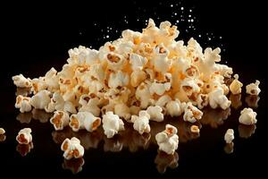 ai generato Popcorn perfezione isolato su Nero, cattura il essenza di cinema foto