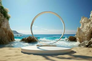ai generato costiero podio per Prodotto vetrina, integrando il bellezza di il spiaggia foto