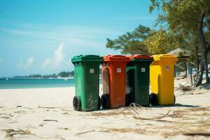 ai generato sulla spiaggia eco sforzo quattro contenitori per spazzatura ordinamento, ambientale conservazione messa a fuoco foto