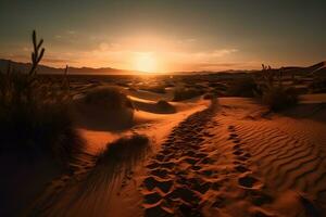 ai generato impronte nel il sabbia nel il deserto durante tramonto. neurale Rete ai generato foto