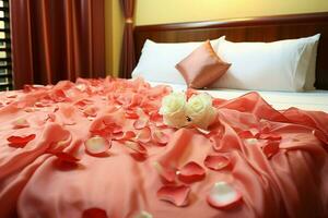 ai generato Hotel romanza letto ornato con rosa petali la creazione di un' romantico ambientazione ai generato foto