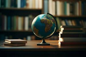 ai generato educativo esplorazione terra globo circondato di un' collezione di libri ai generato foto