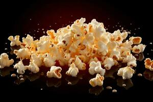 ai generato Popcorn perfezione isolato su Nero, cattura il essenza di cinema foto