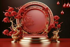 ai generato alla moda 3d podio Cinese nuovo anno, medio autunno, rosso oro celebrazione foto