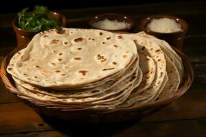 ai generato autentico indiano cucina chapati in mostra su un' rustico di legno sfondo foto