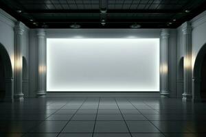 ai generato elegante ambientazione vuoto parete si illumina nel il espansivo showroom spazio foto