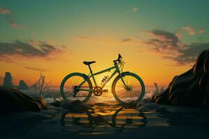 ai generato creativo studio impostare bicicletta posto su un artificiale spiaggia a tramonto foto