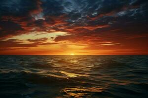 ai generato tramonto serenità il tranquillo bellezza di il sole naufragio sotto il orizzonte ai generato foto