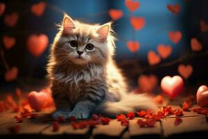 ai generato pawsitively adorabile un' dolce gattino annidato con un' cuore radiante amore ai generato foto