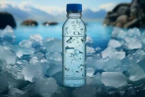 ai generato rinfrescante freddo acqua bottiglia presentata su un' fondale di ghiaccio foto