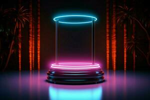 ai generato Prodotto riflettore cilindro podio con occhio attraente neon illuminazione dinamica foto